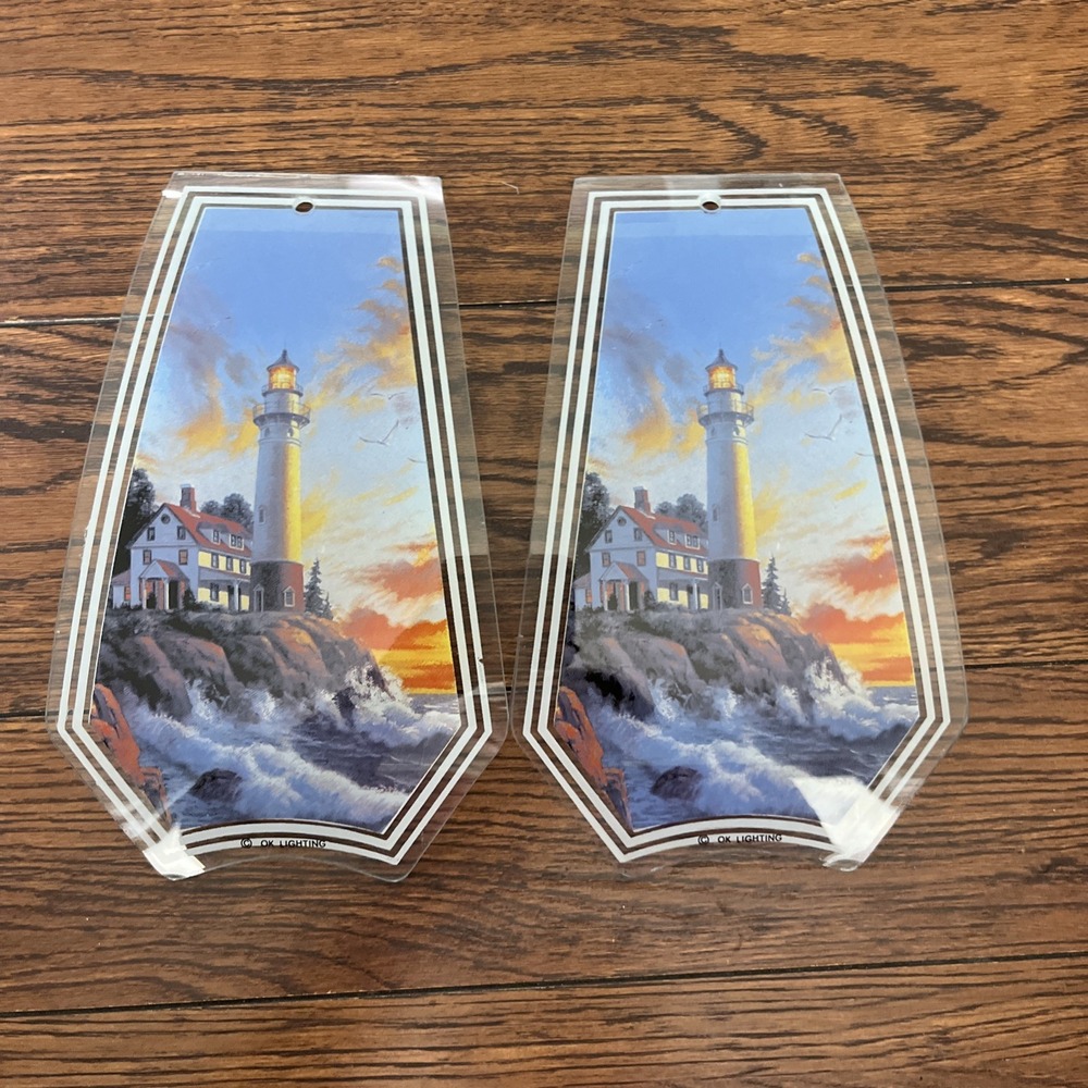 OK Lighting Lighthouse Stormy Nautical Rocks Lamp Glass Light 2 Panels Replaceme